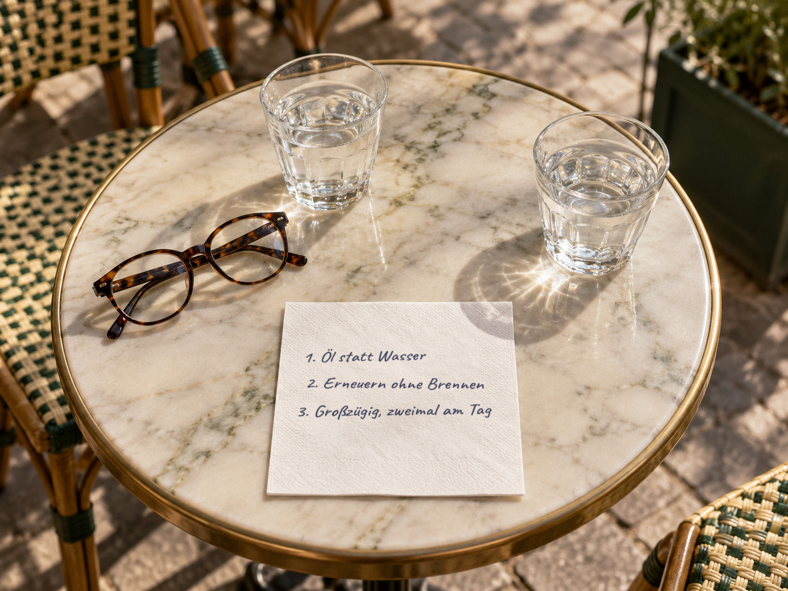 Bistrotisch auf einer Pariser Terrasse, zwei Wassergläser, eine Papierserviette mit drei handschriftlichen Zeilen auf De