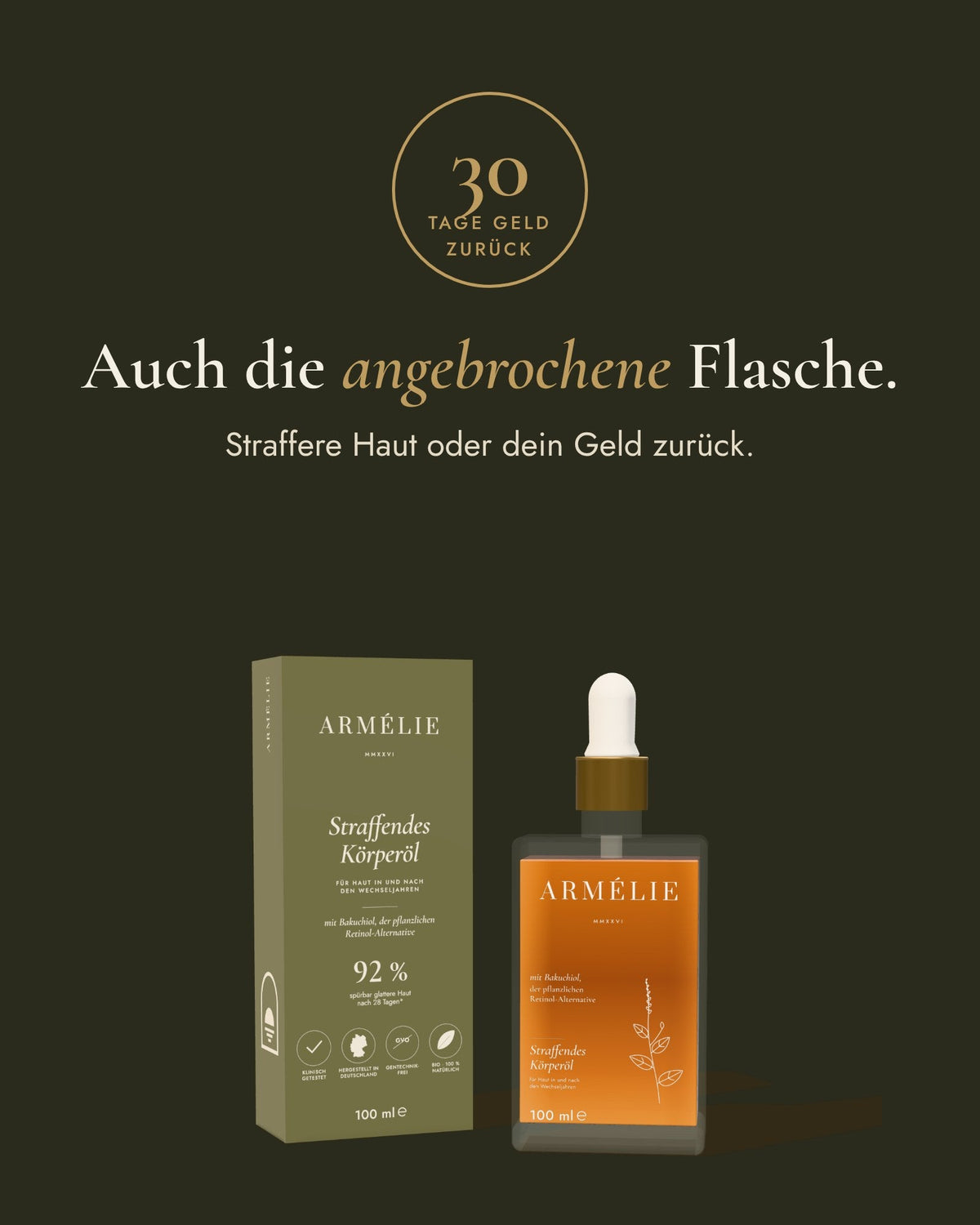 30 Tage Geld-zurück-Garantie, auch für die angebrochene Flasche